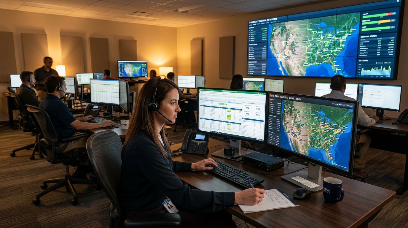 24/7 dispatch control room with live fleet tracking screens