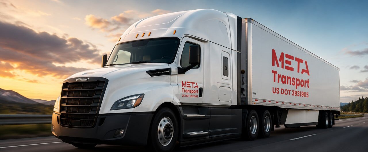 META Transport Freightliner Cascadia on the highway at sunset