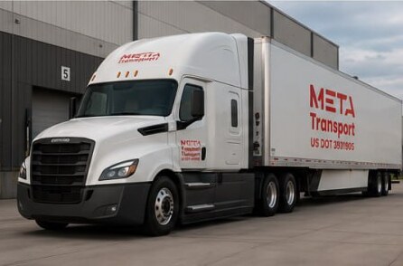 META Transport Freightliner Cascadia truck at the loading dock