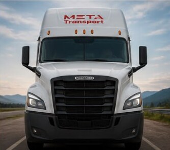 META Transport truck front view on mountain highway