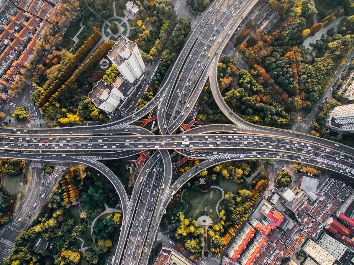 Aerial view of interstate highway interchange