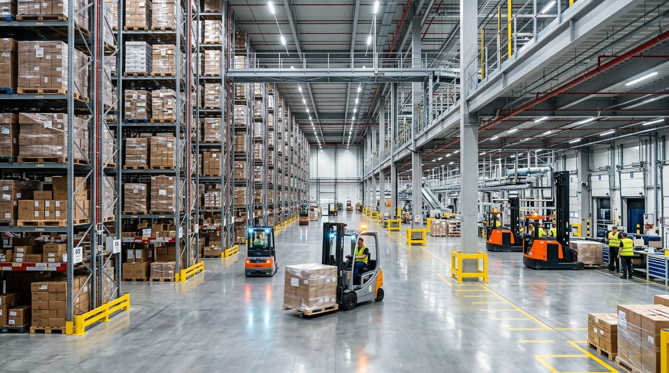 Modern logistics warehouse with forklifts